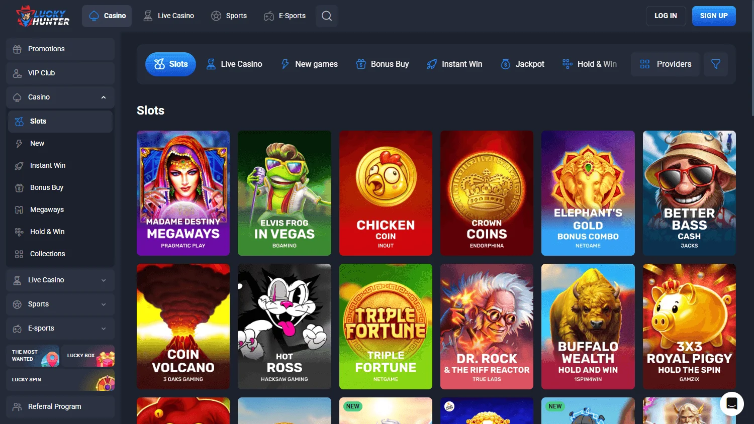 Lucky Hunter Casino games area on desktop