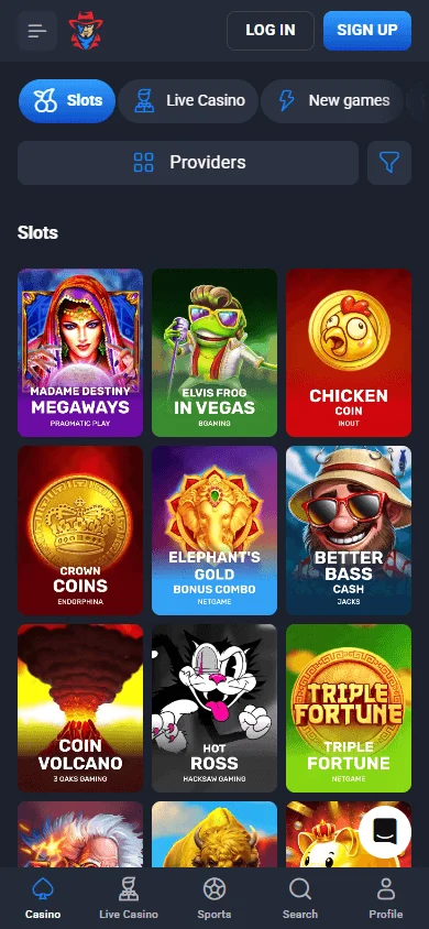 Lucky Hunter Casino games area on a mobile device