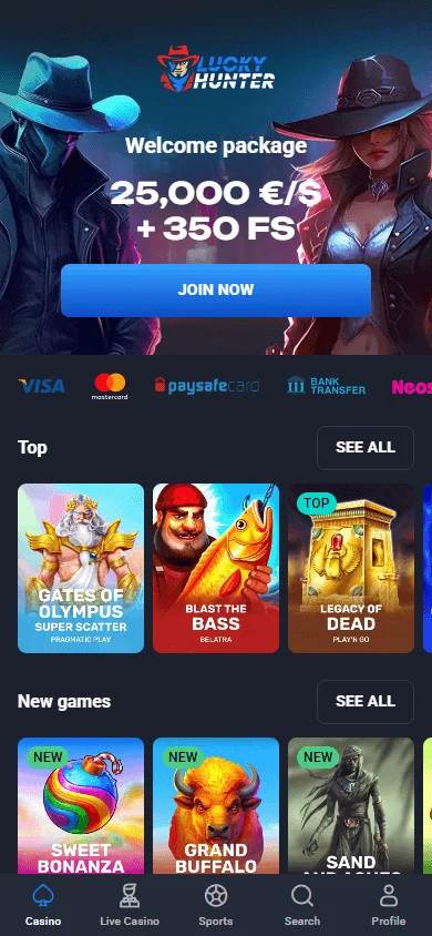Lucky Hunter Casino home view on a mobile device