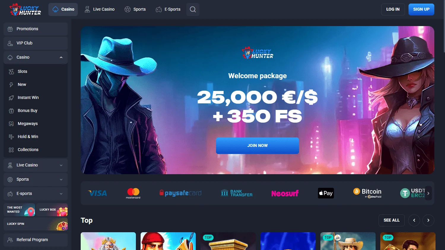 Lucky Hunter Casino home page on desktop