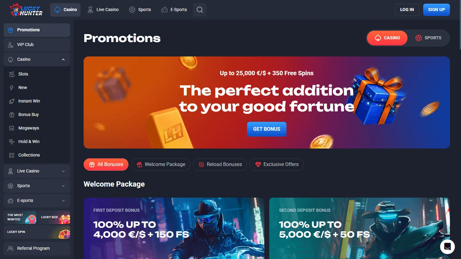 Lucky Hunter Casino promotions area on desktop