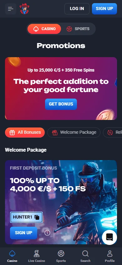 Lucky Hunter Casino promotions area on a mobile device